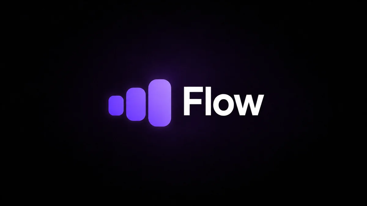 Логотип FLOW с фиолетовым знаком на тёмном фоне