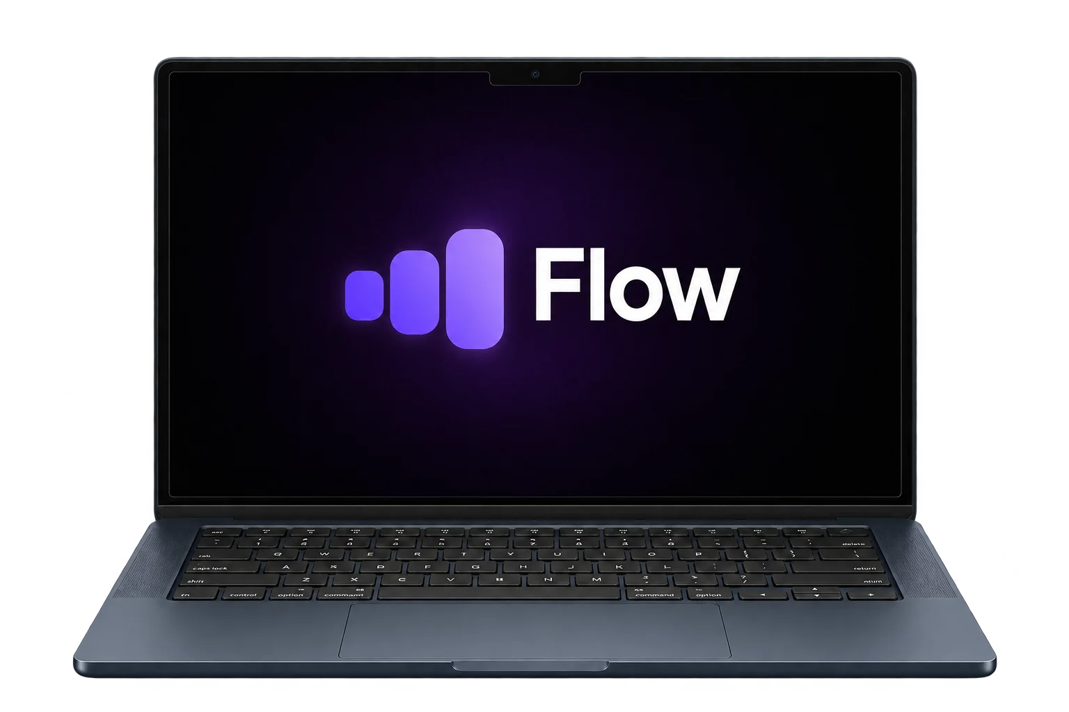 Графитовый ноутбук с логотипом FLOW и фиолетовым знаком из трёх столбцов