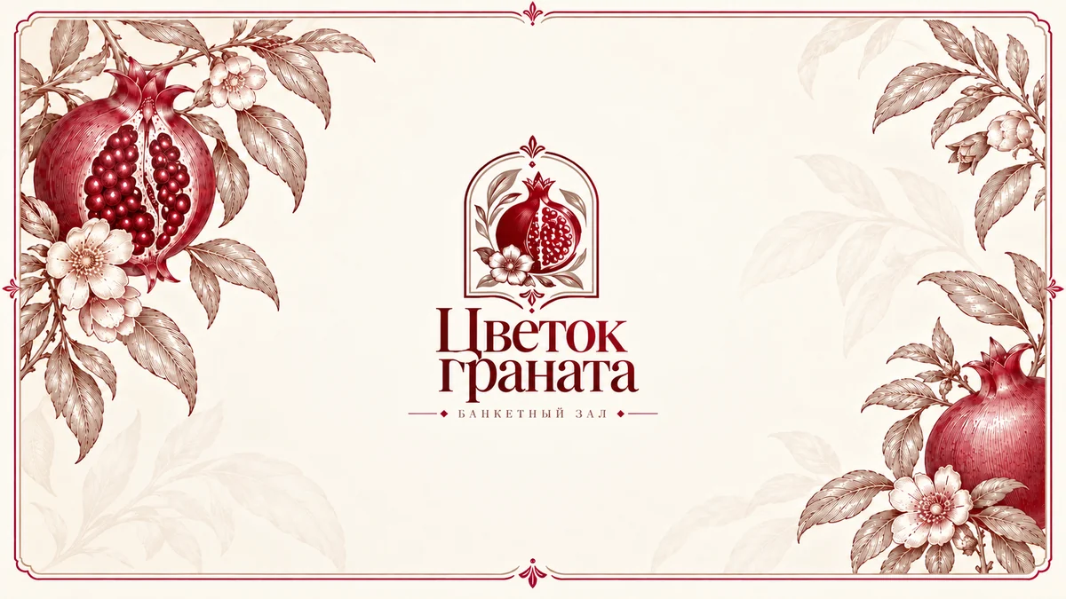 Фирменная графика банкетного зала «Цветок граната» с гранатовыми ветвями и логотипом
